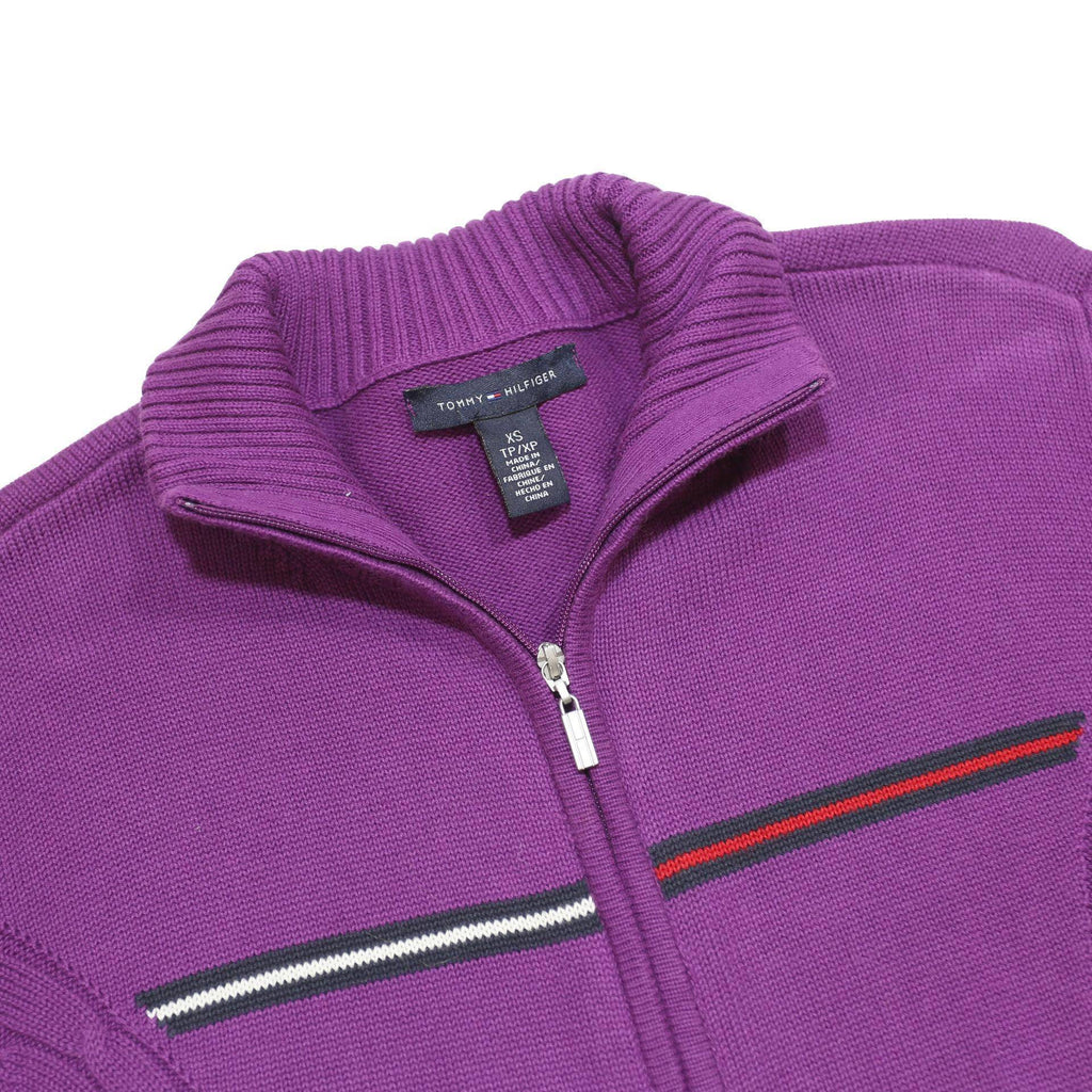 TOMMY HILFIGER Mens Purple Full Zip Plain Crew Neck Basic Knit XS Cotton Jumper