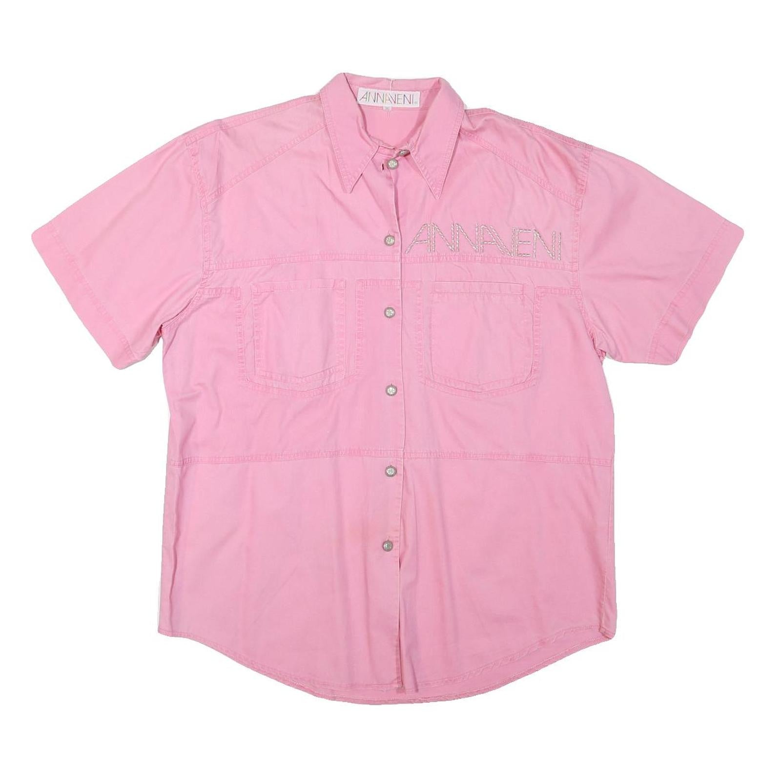 ANNA VENI Womens Pink Cotton Blend Shirt L Embroidered Logo Short Sleeve Button