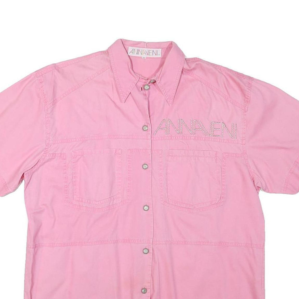 ANNA VENI Womens Pink Cotton Blend Shirt L Embroidered Logo Short Sleeve Button