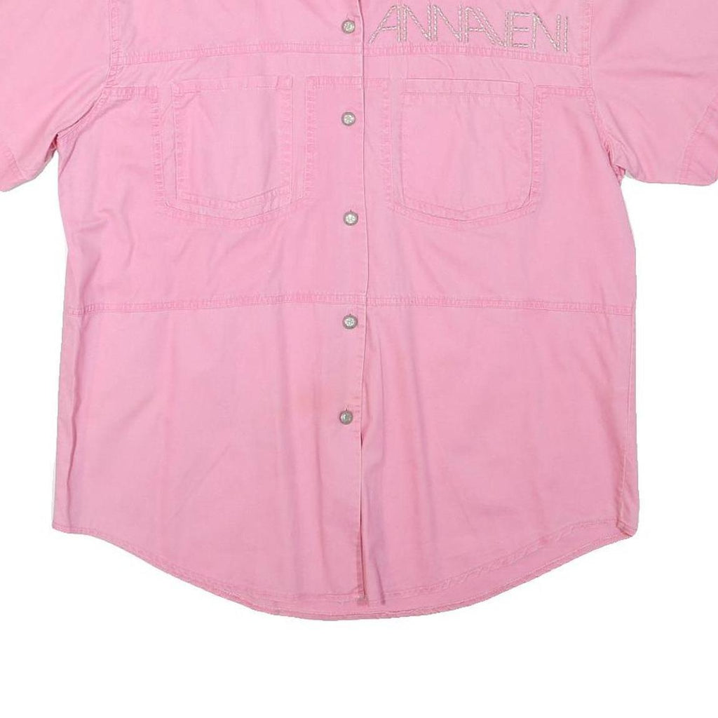 ANNA VENI Womens Pink Cotton Blend Shirt L Embroidered Logo Short Sleeve Button