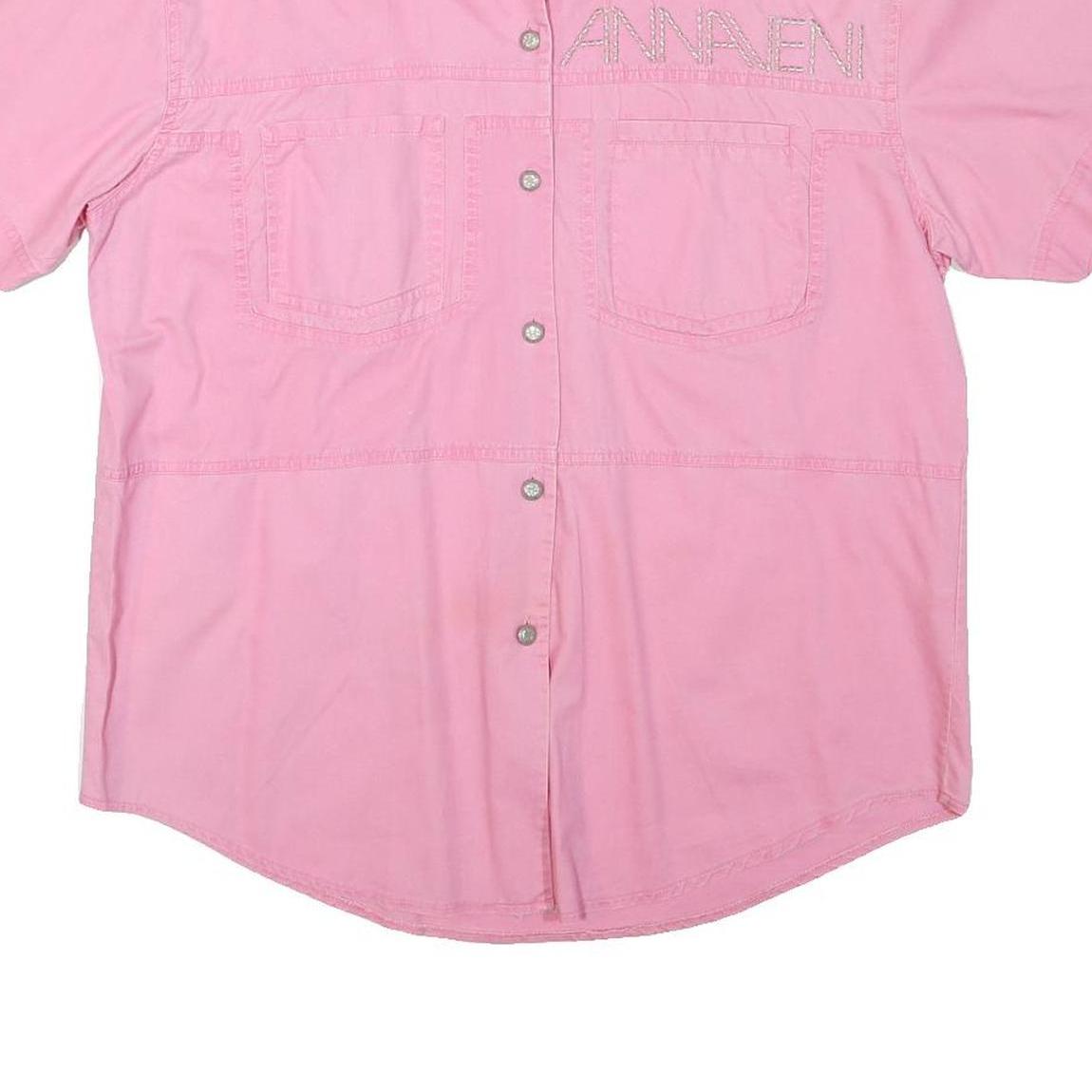 ANNA VENI Womens Pink Cotton Blend Shirt L Embroidered Logo Short Sleeve Button