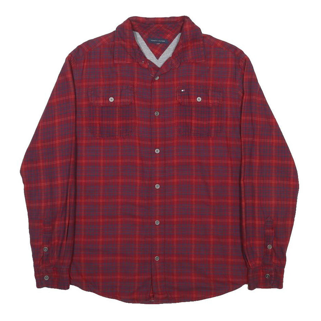 TOMMY HILFIGER Mens Red Plaid Shirt S Classic Fit Button Front Cotton Blend