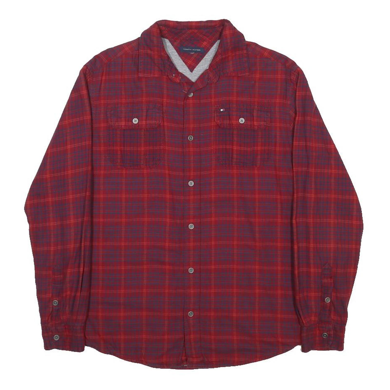 TOMMY HILFIGER Mens Red Plaid Shirt S Classic Fit Button Front Cotton Blend