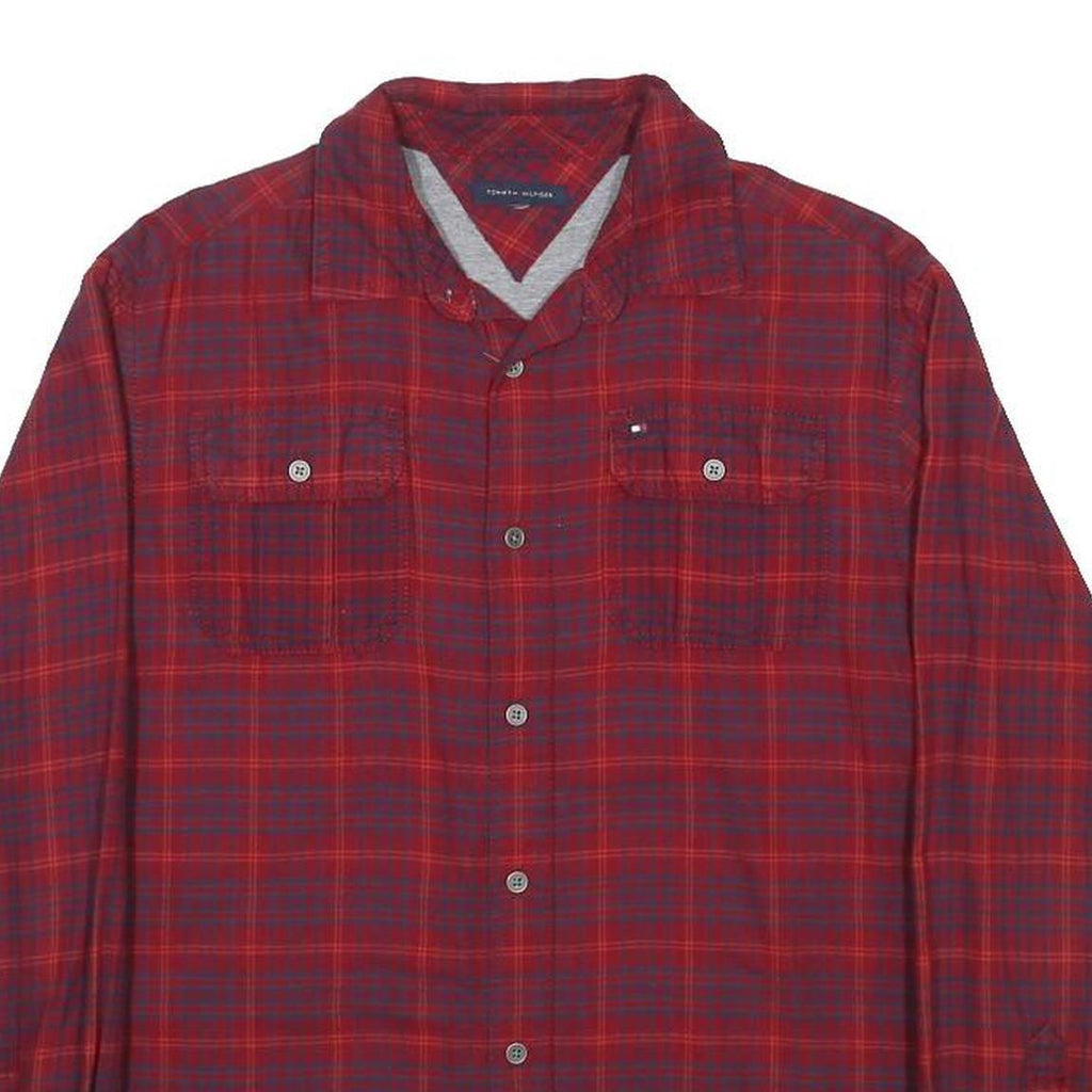 TOMMY HILFIGER Mens Red Plaid Shirt S Classic Fit Button Front Cotton Blend