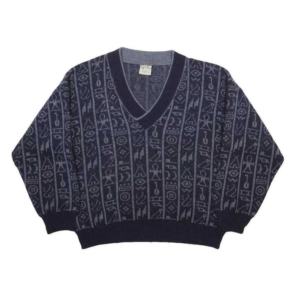 ANGELO LITRICO Womens Navy Blue Patterned Wool Blend Jumper V-Neck Basic Knit M