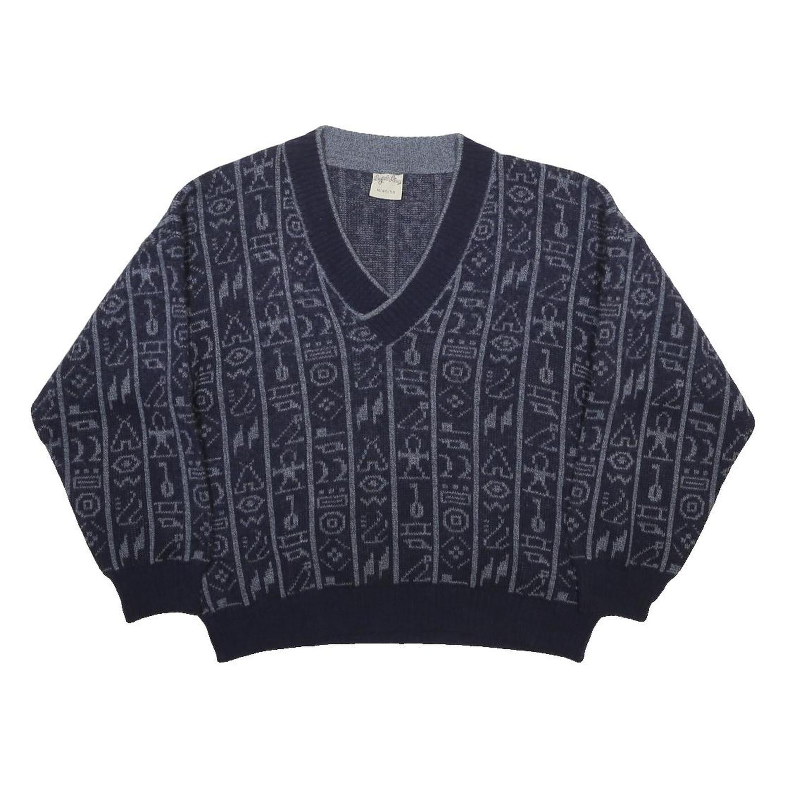 ANGELO LITRICO Womens Navy Blue Patterned Wool Blend Jumper V-Neck Basic Knit M