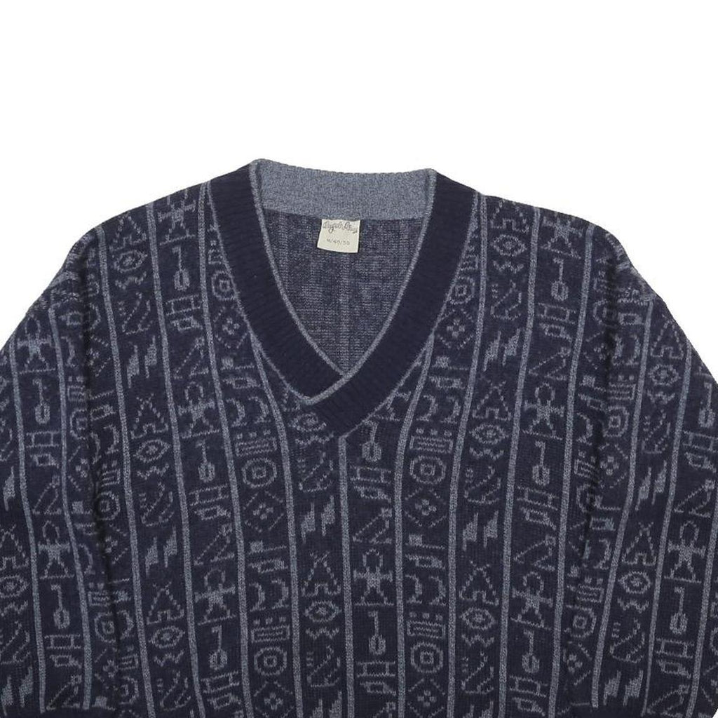 ANGELO LITRICO Womens Navy Blue Patterned Wool Blend Jumper V-Neck Basic Knit M