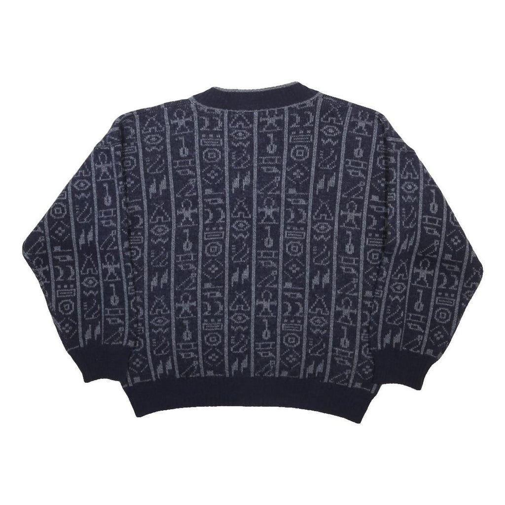 ANGELO LITRICO Womens Navy Blue Patterned Wool Blend Jumper V-Neck Basic Knit M