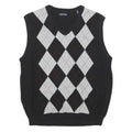 CONSENSUS Mens Black & Grey Patterned V-Neck Chunky Knit M Jumper Cotton Blend