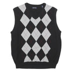 CONSENSUS Mens Black & Grey Patterned V-Neck Chunky Knit M Jumper Cotton Blend