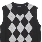CONSENSUS Mens Black & Grey Patterned V-Neck Chunky Knit M Jumper Cotton Blend