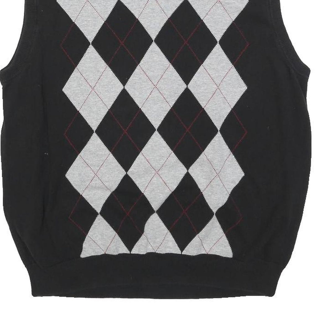 CONSENSUS Mens Black & Grey Patterned V-Neck Chunky Knit M Jumper Cotton Blend