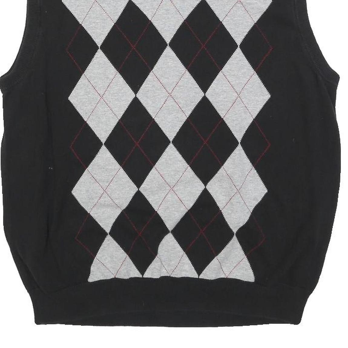 CONSENSUS Mens Black & Grey Patterned V-Neck Chunky Knit M Jumper Cotton Blend