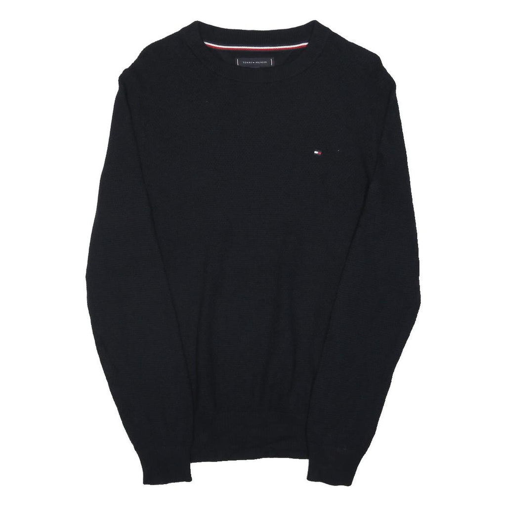 TOMMY HILFIGER Mens Black Plain Crew Neck Basic Knit Jumper S Cotton Blend