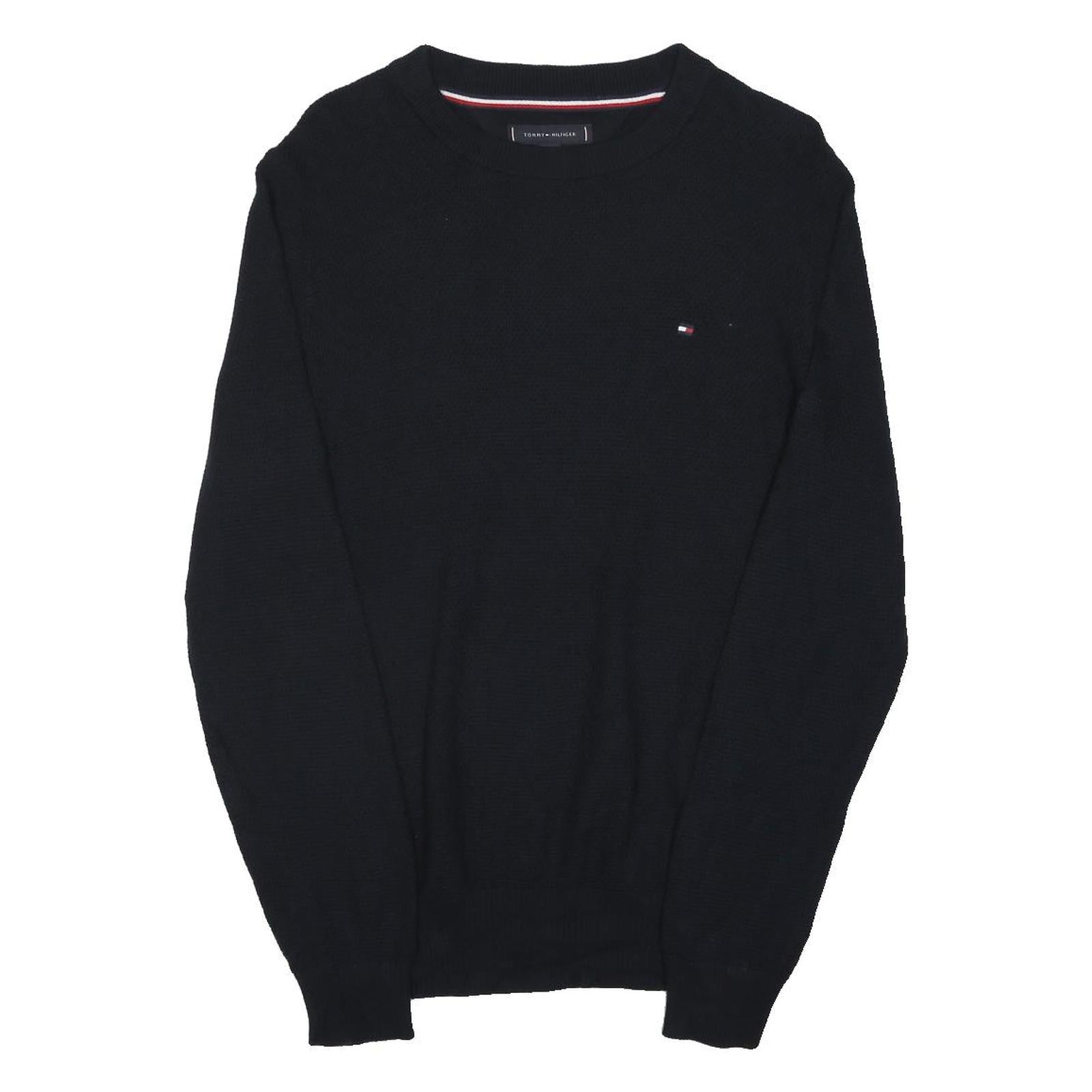 TOMMY HILFIGER Mens Black Plain Crew Neck Basic Knit Jumper S Cotton Blend