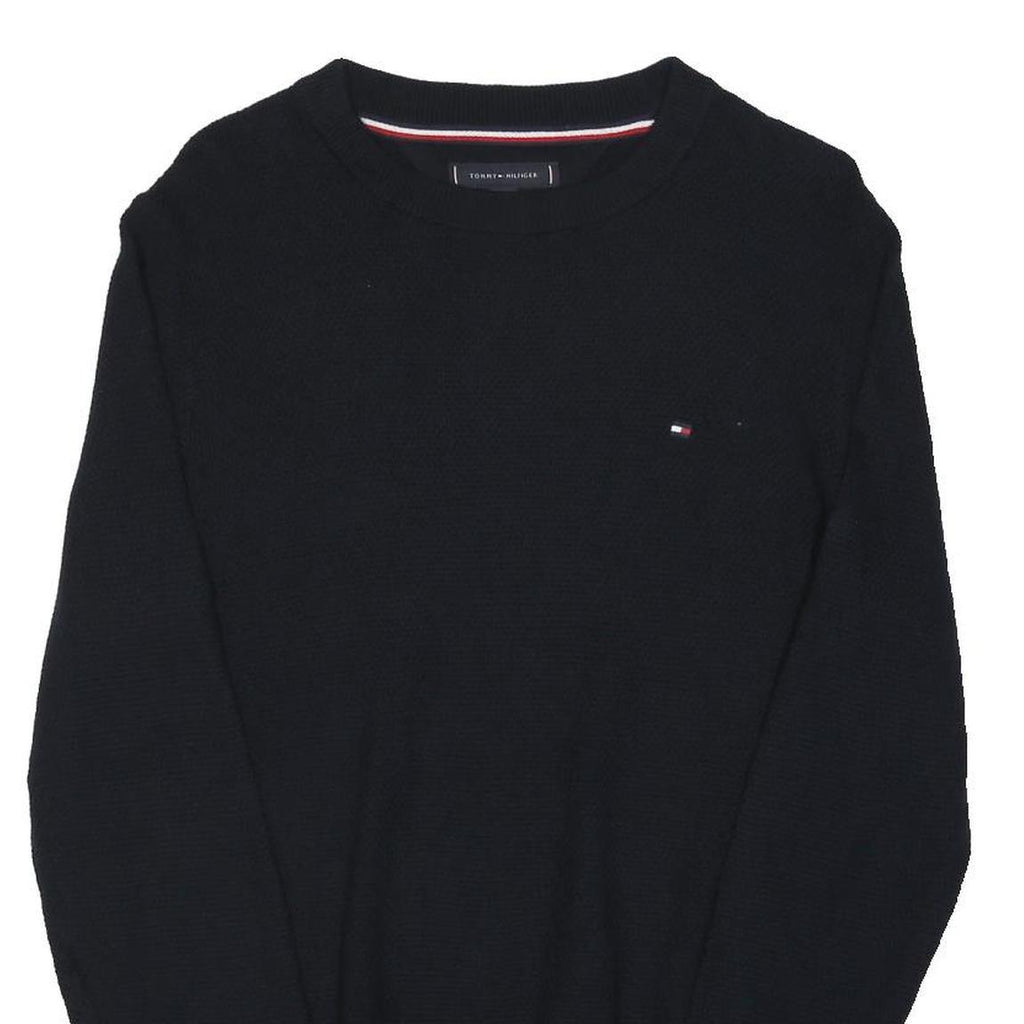 TOMMY HILFIGER Mens Black Plain Crew Neck Basic Knit Jumper S Cotton Blend