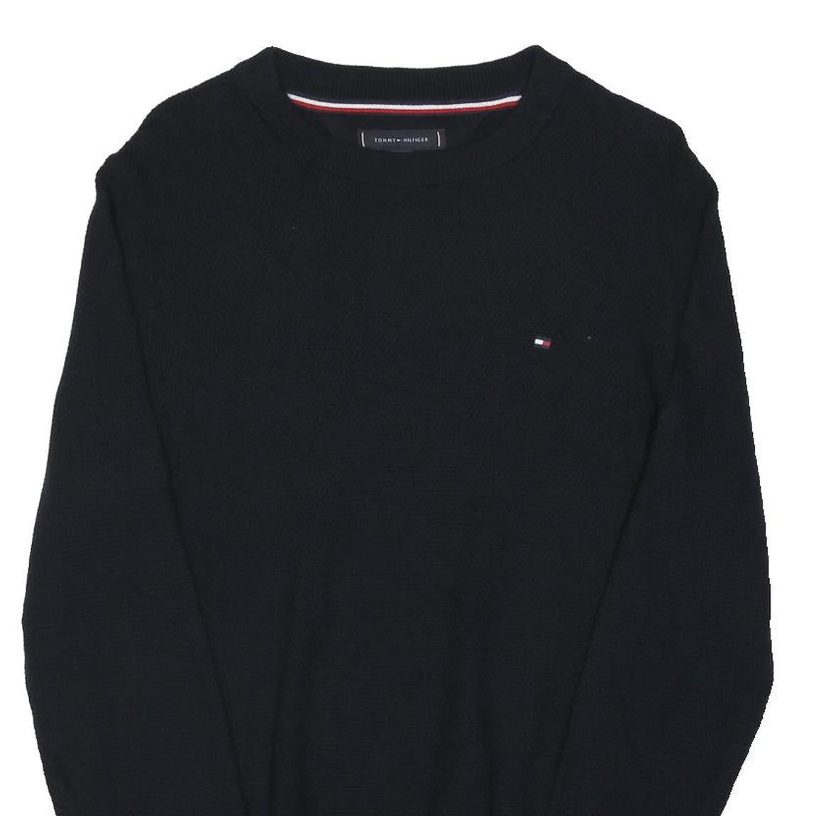 TOMMY HILFIGER Mens Black Plain Crew Neck Basic Knit Jumper S Cotton Blend