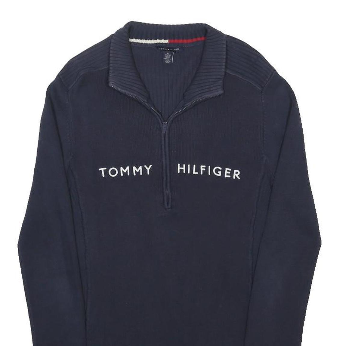 TOMMY HILFIGER Womens Navy Pullover Plain Half Zip Basic Knit XS Cotton Jumper