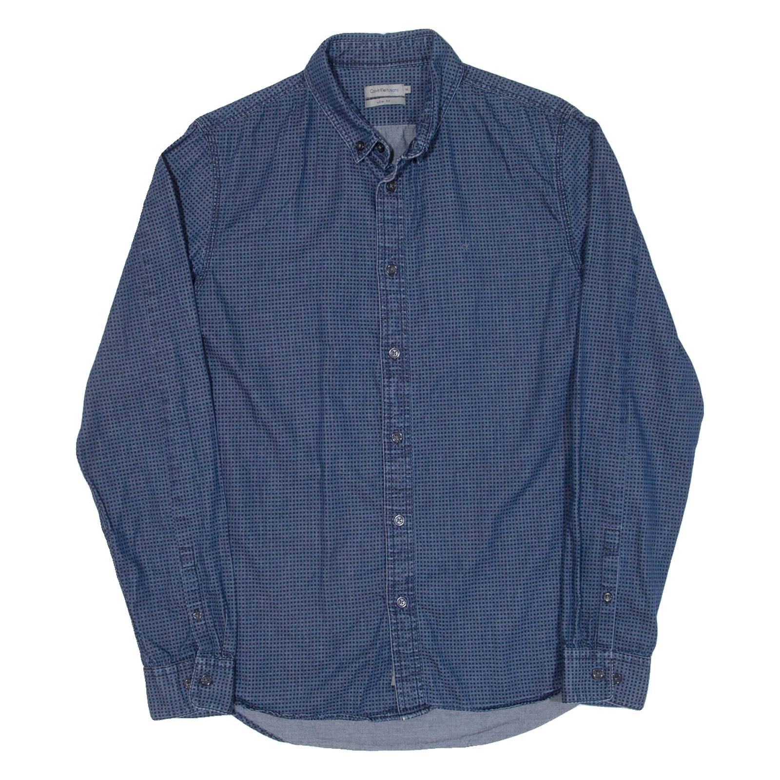 CALVIN KLEIN JEANS Slim Fit Mens Shirt Blue Spotted Long Sleeve M