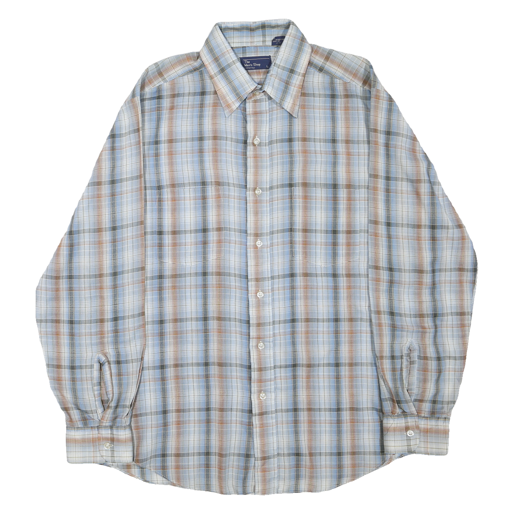 JC PENNEY Mens Blue & Brown Check Shirt L Long Sleeve Button Cotton Blend