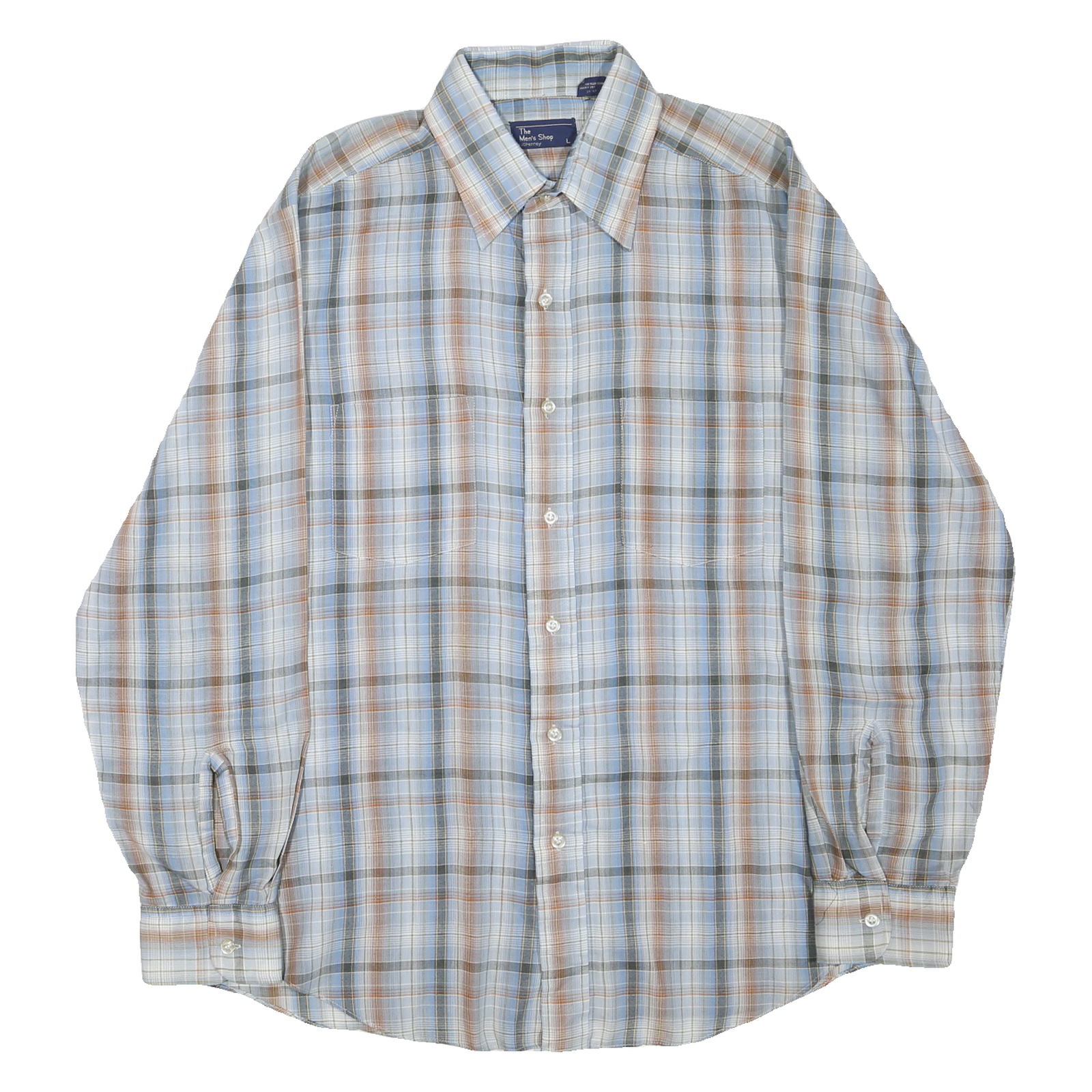 JC PENNEY Mens Blue & Brown Check Shirt L Long Sleeve Button Cotton Blend