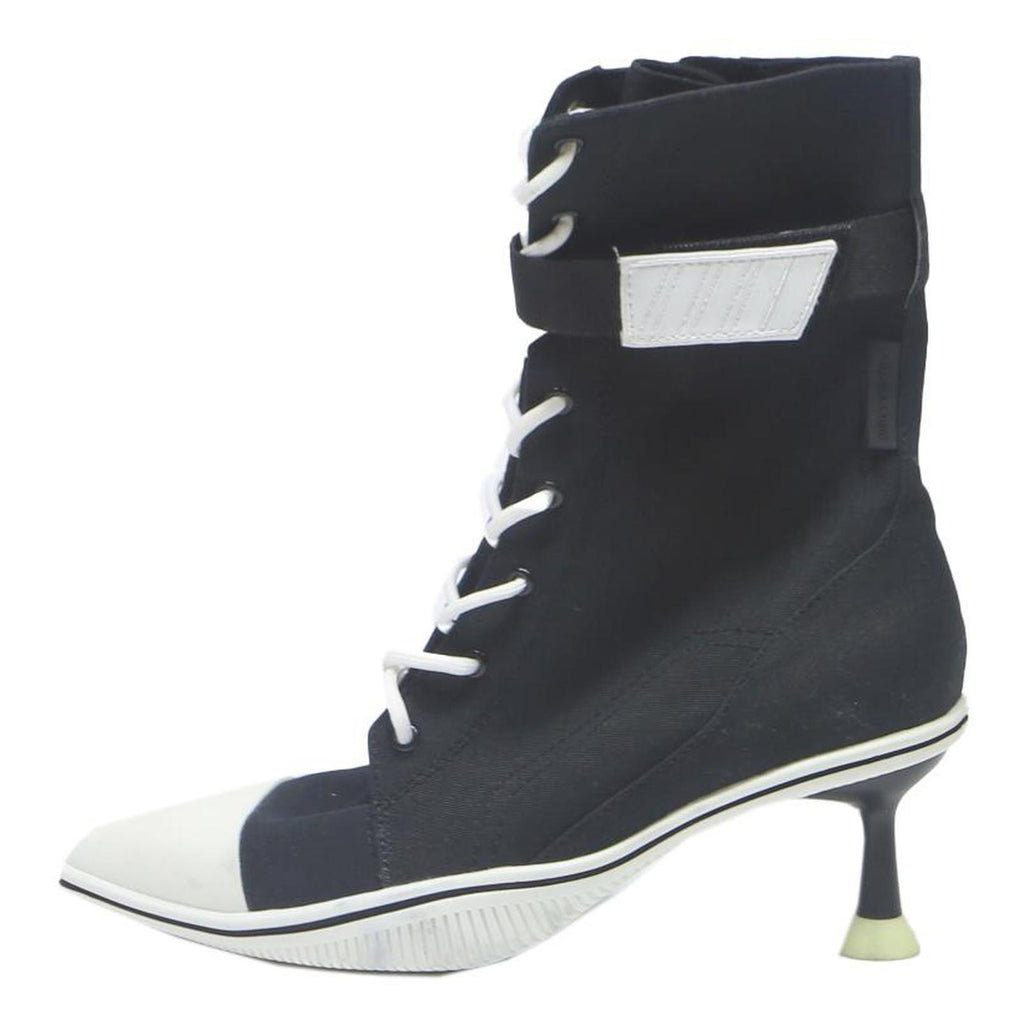 CHARLES & KEITH Womens Black & White Lace-Up Canvas High Heel Boots UK 3 Stylish