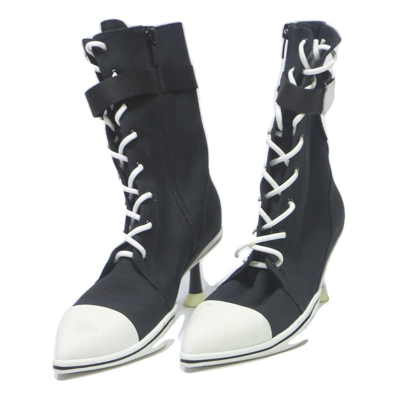 CHARLES & KEITH Womens Black & White Lace-Up Canvas High Heel Boots UK 3 Stylish