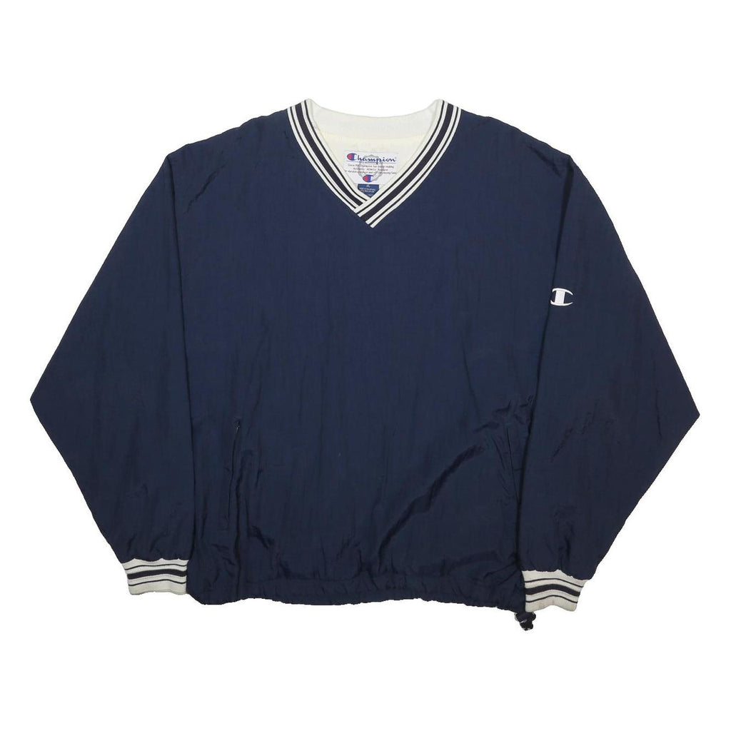 CHAMPION Mens Navy V-Neck Sweatshirt XL Striped Ribbed Trim Logo Embroidered