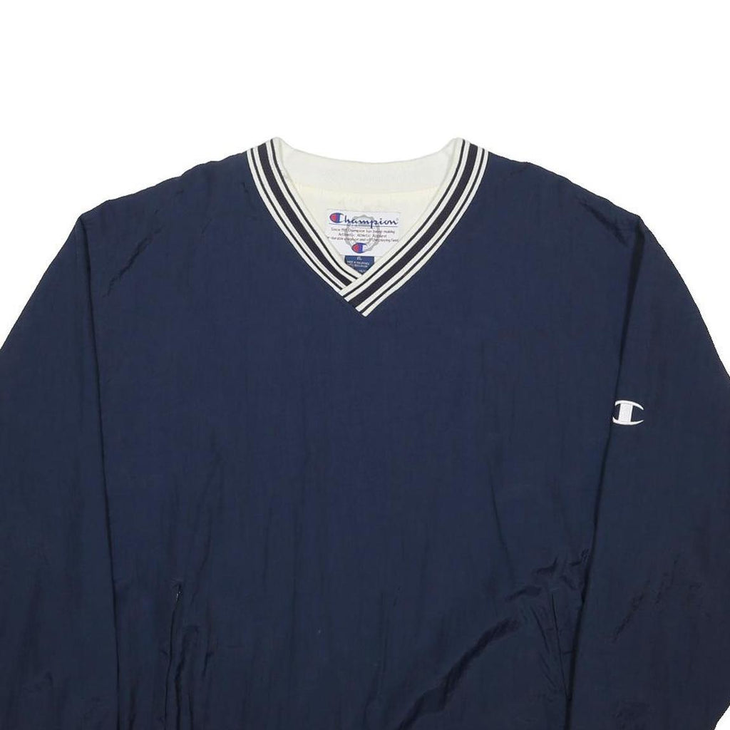 CHAMPION Mens Navy V-Neck Sweatshirt XL Striped Ribbed Trim Logo Embroidered