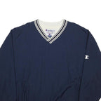 CHAMPION Mens Navy V-Neck Sweatshirt XL Striped Ribbed Trim Logo Embroidered