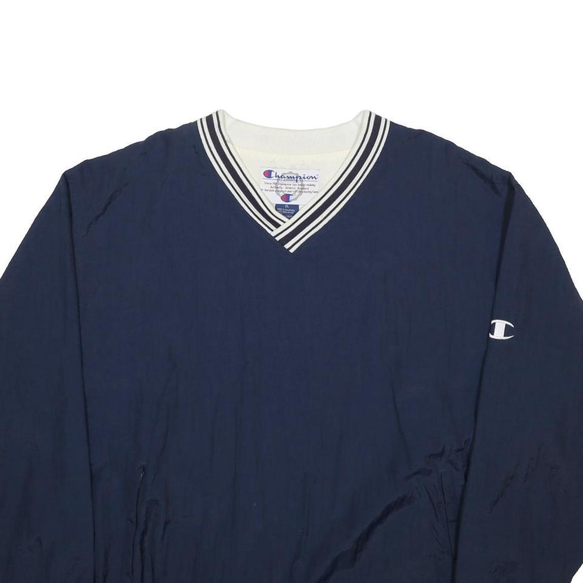 CHAMPION Mens Navy V-Neck Sweatshirt XL Striped Ribbed Trim Logo Embroidered