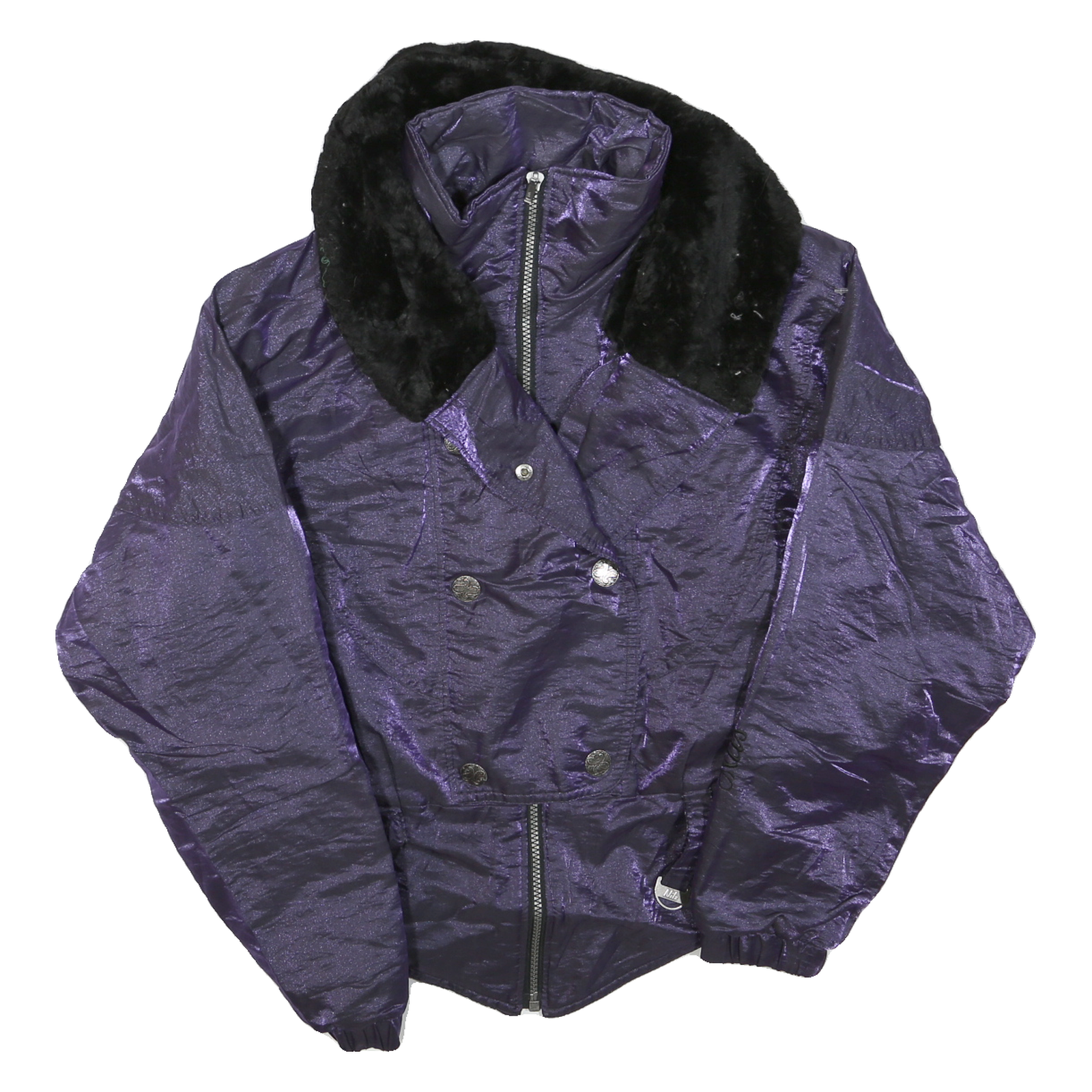 Womens Purple & Black Plain Polyester Blend Jacket M Zip Winter Warm Collar