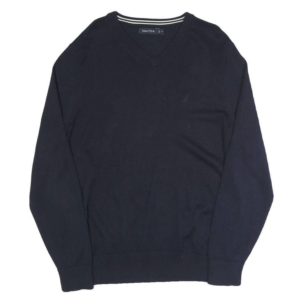 NAUTICA Mens Navy Plain V Neck Basic Knit Jumper M Cotton Blend Casual