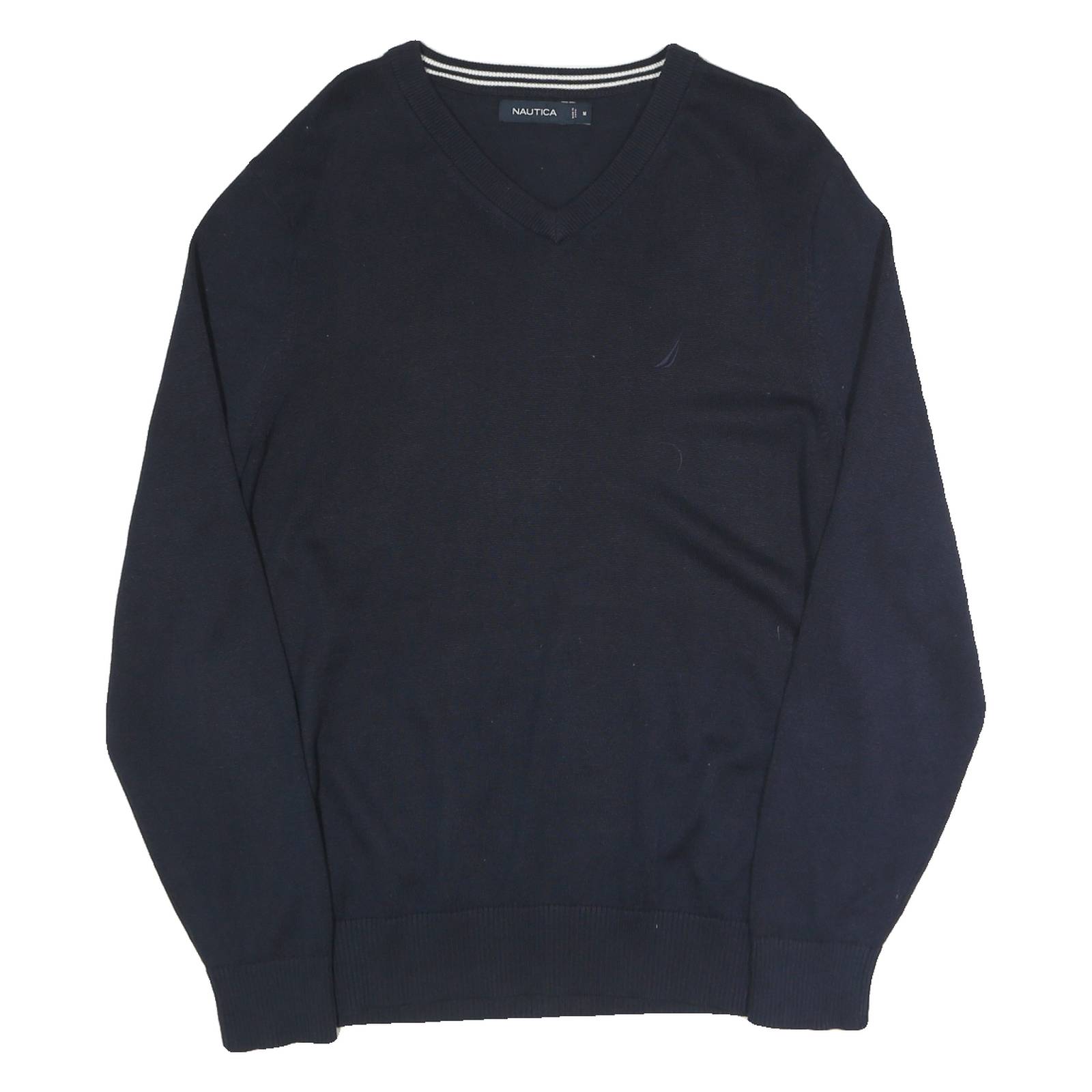 NAUTICA Mens Navy Plain V Neck Basic Knit Jumper M Cotton Blend Casual