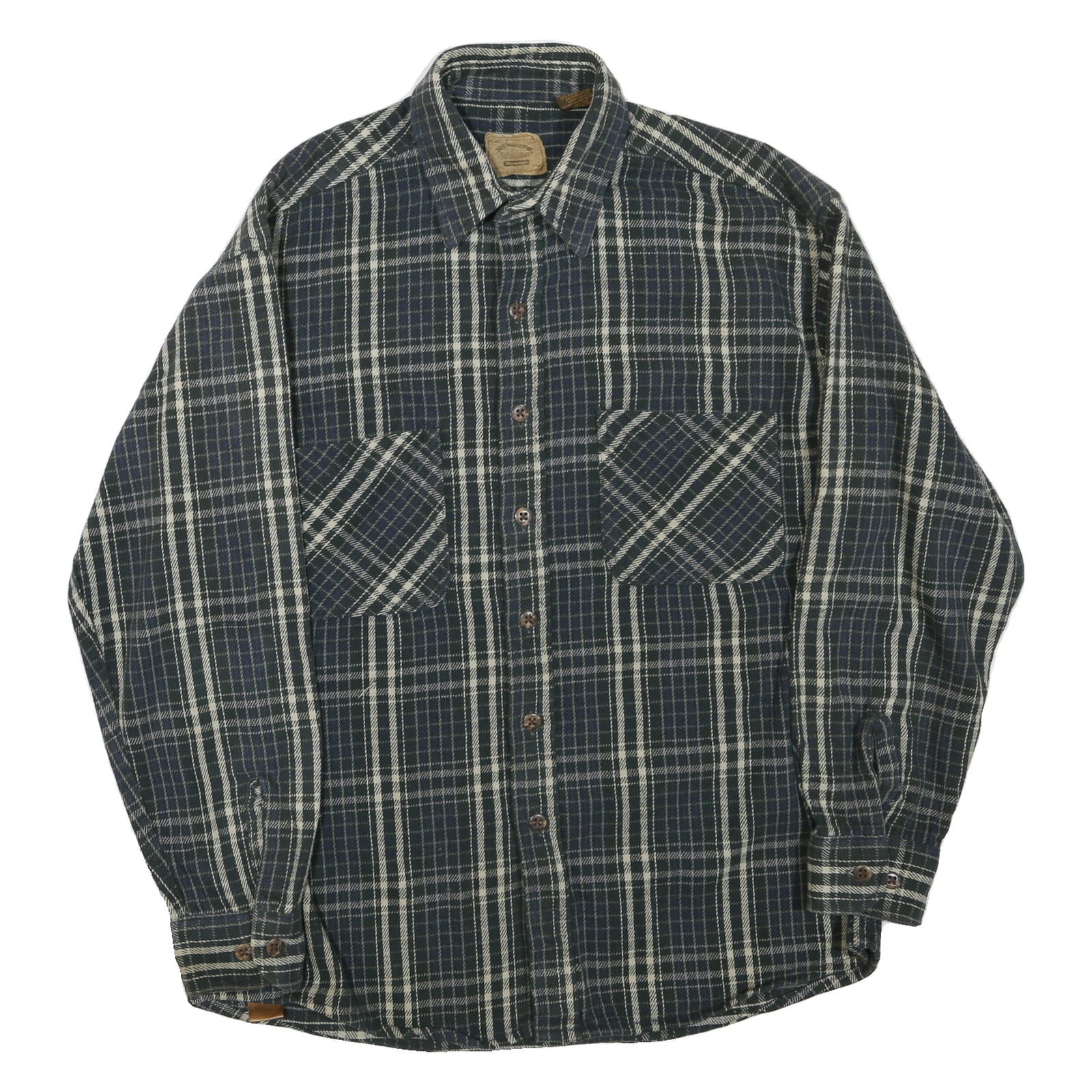 Mens Blue & Cream Checked Cotton Blend Shirt L Long Sleeve Button Front