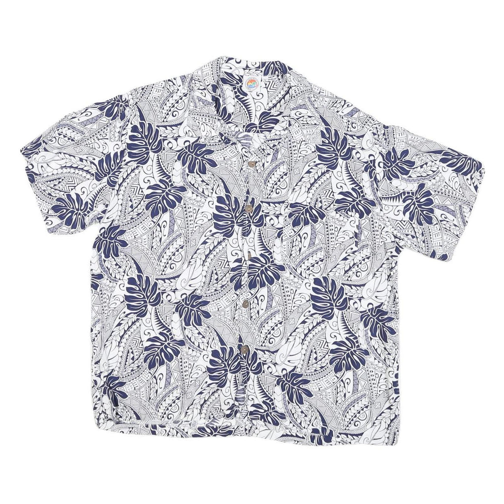 MAKAI BEACH Mens White & Navy Short Sleeve Rayon Shirt L Tropical Print Casual