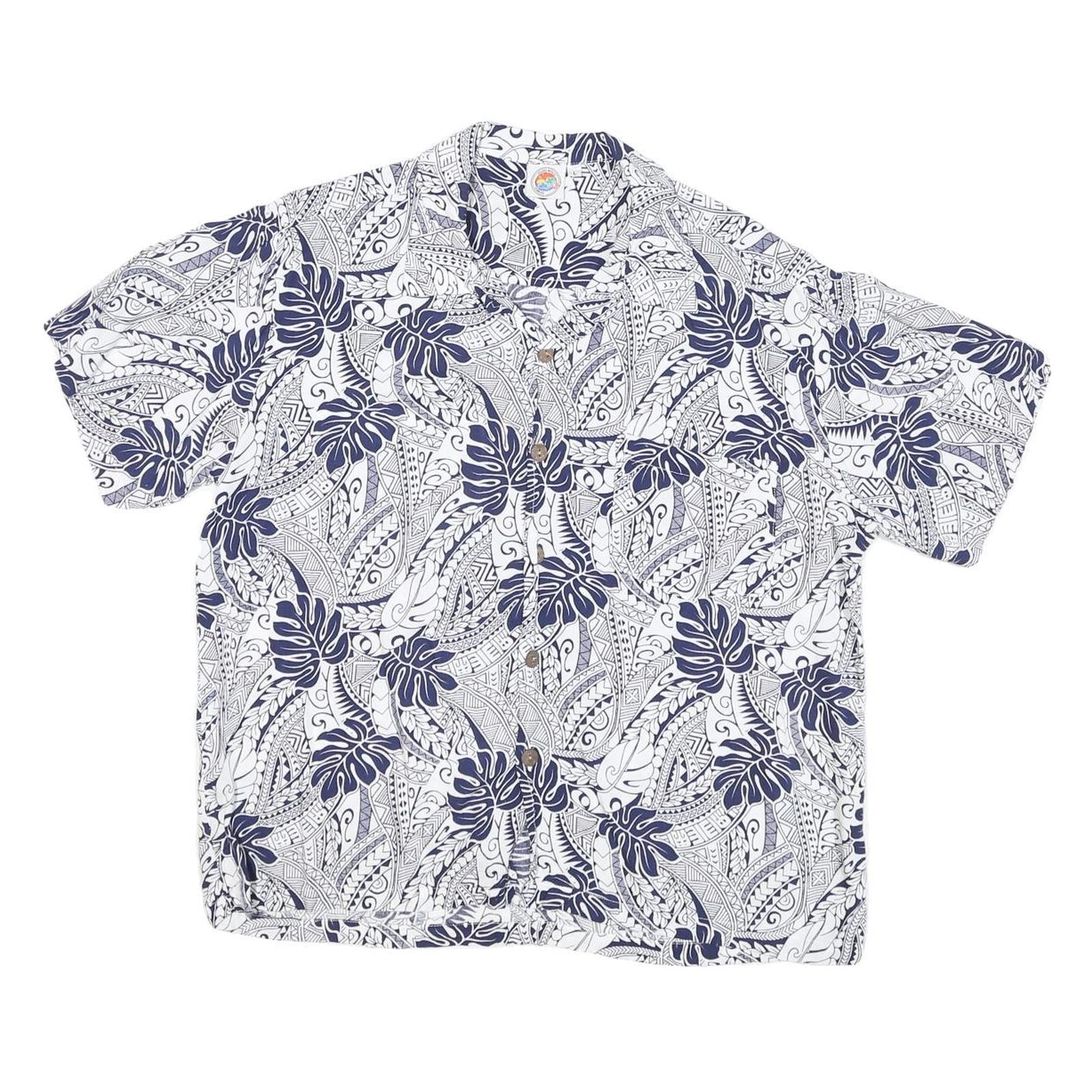 MAKAI BEACH Mens White & Navy Short Sleeve Rayon Shirt L Tropical Print Casual