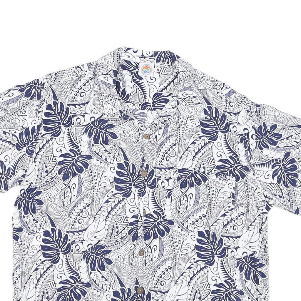 MAKAI BEACH Mens White & Navy Short Sleeve Rayon Shirt L Tropical Print Casual