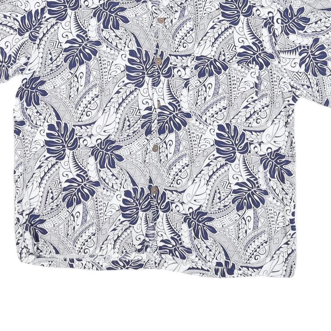MAKAI BEACH Mens White & Navy Short Sleeve Rayon Shirt L Tropical Print Casual