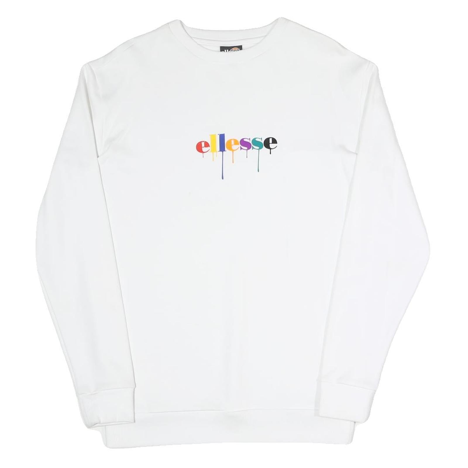 ELLESSE Mens White S Sweatshirt Cotton Blend Pullover Crew Neck Rainbow Logo
