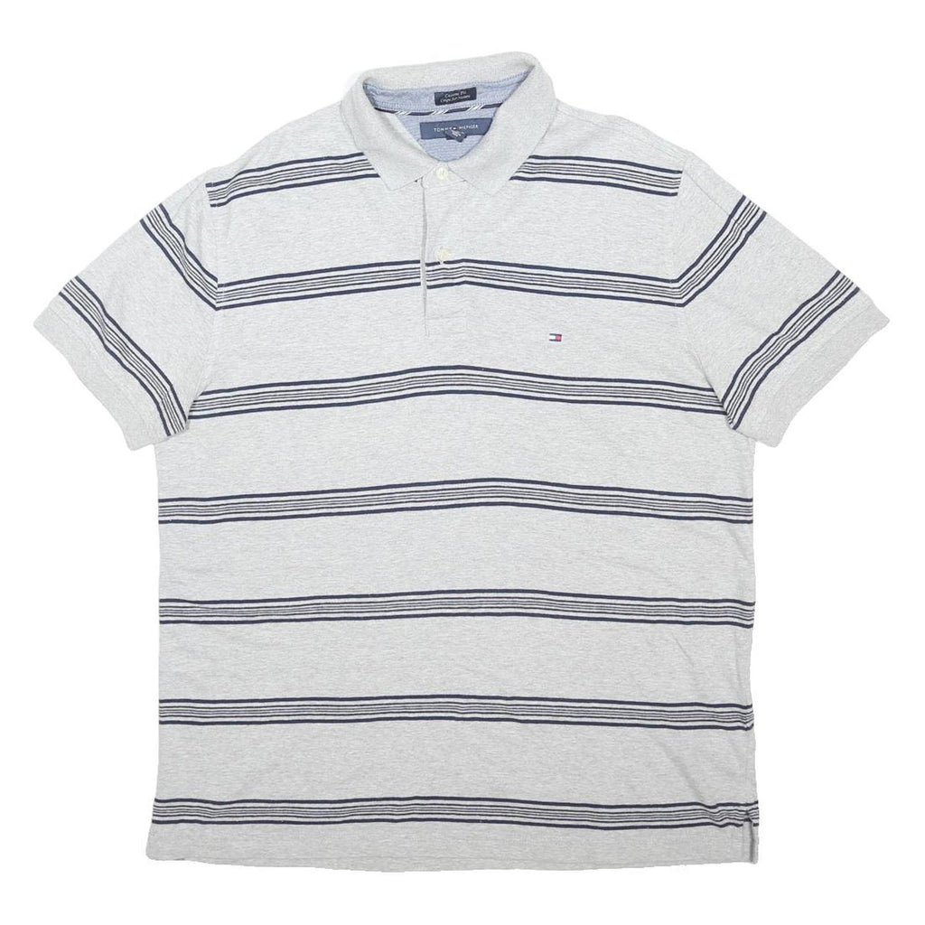 TOMMY HILFIGER Mens Grey & Navy Striped Short Sleeve Polo Shirt M Cotton Blend