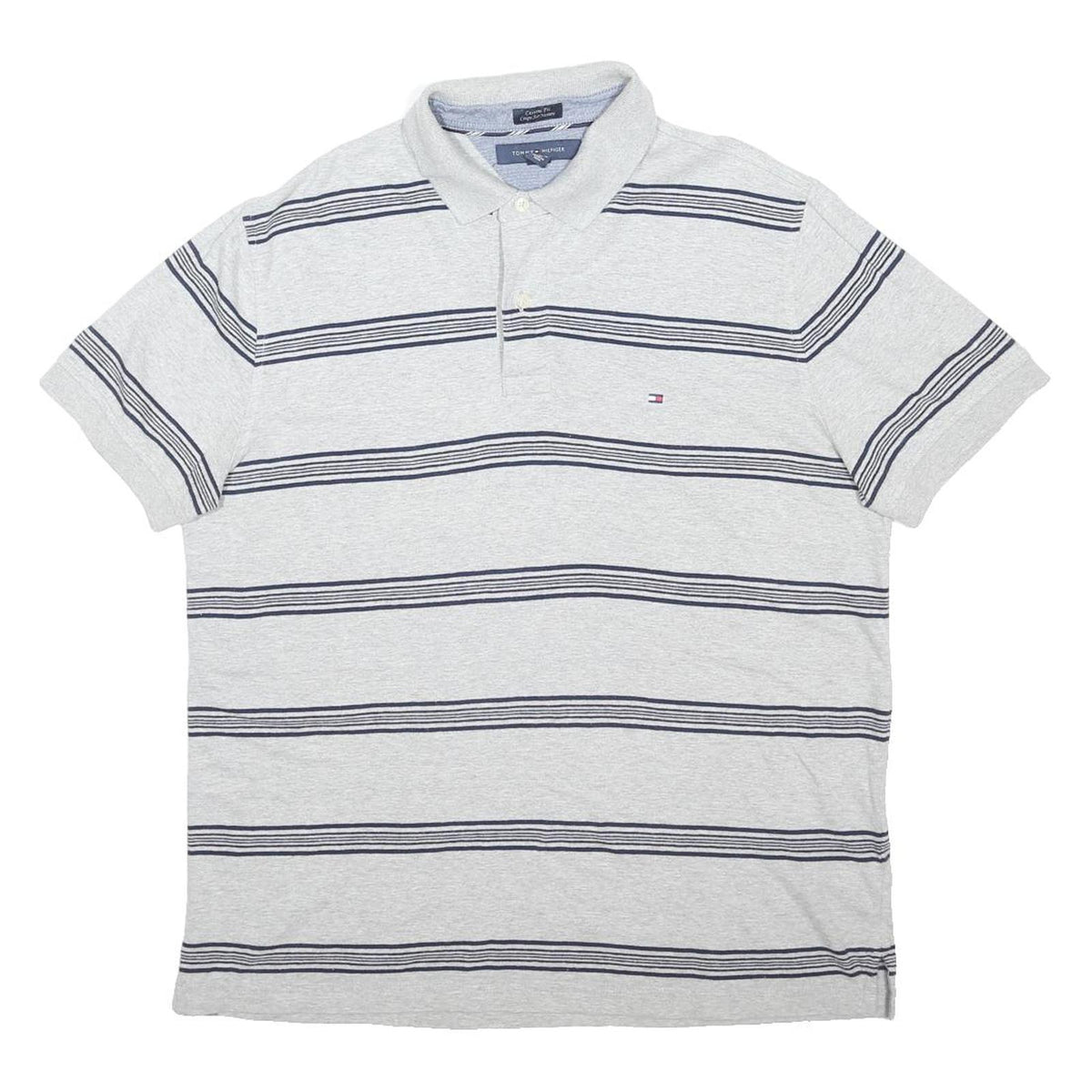 TOMMY HILFIGER Mens Grey & Navy Striped Short Sleeve Polo Shirt M Cotton Blend