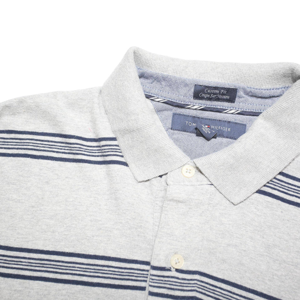 TOMMY HILFIGER Mens Grey & Navy Striped Short Sleeve Polo Shirt M Cotton Blend
