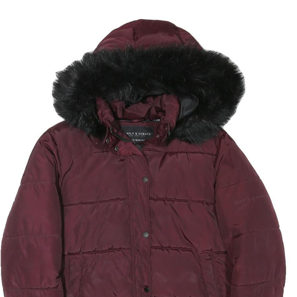 SUPPLY & DEMAND Womens Maroon Jacket UK 12 Polyester Blend Puffer Fur Hooded Zip