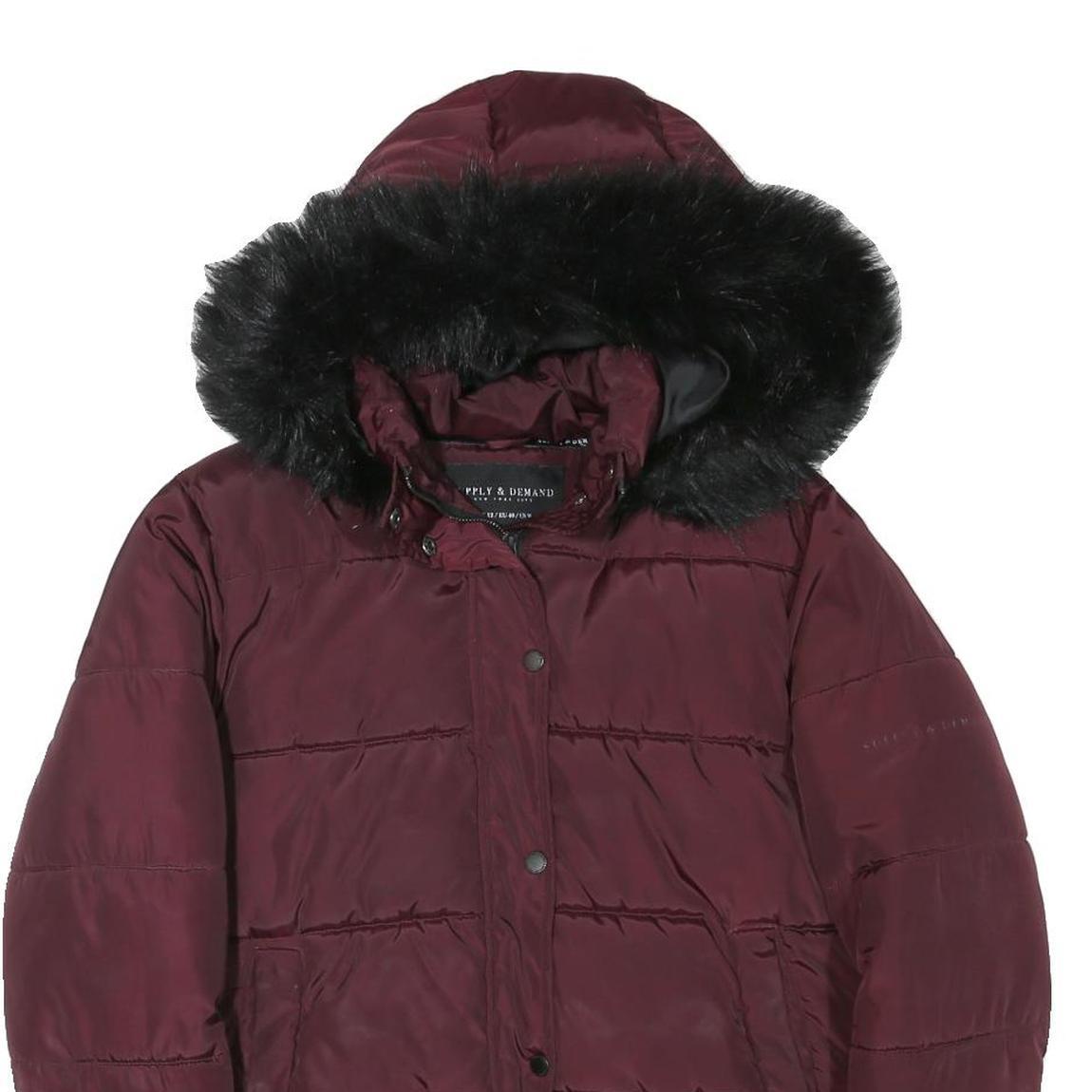 SUPPLY & DEMAND Womens Maroon Jacket UK 12 Polyester Blend Puffer Fur Hooded Zip