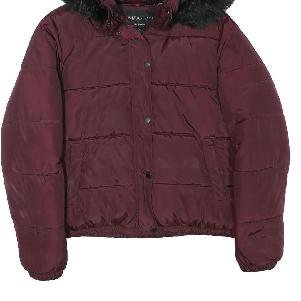 SUPPLY & DEMAND Womens Maroon Jacket UK 12 Polyester Blend Puffer Fur Hooded Zip