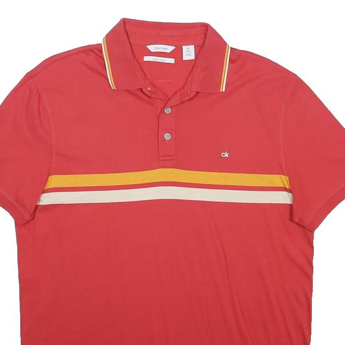 CALVIN KLEIN Mens Red & Yellow Short Sleeve Striped M Polo Shirt Cotton Casual