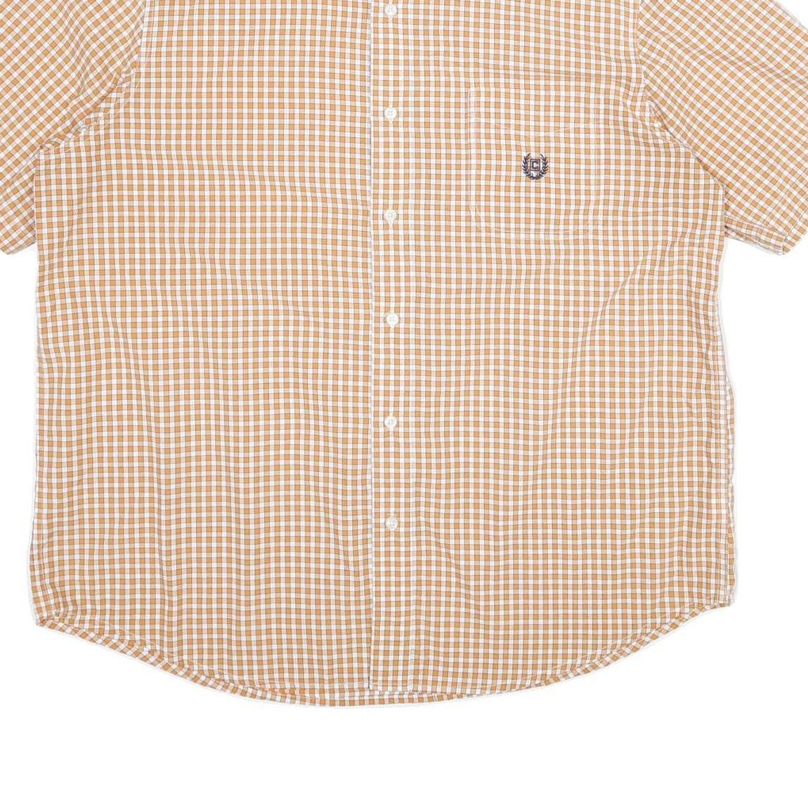 CHAPS Mens Beige & White Check Shirt XL Cotton Button Down Short Sleeve Casual