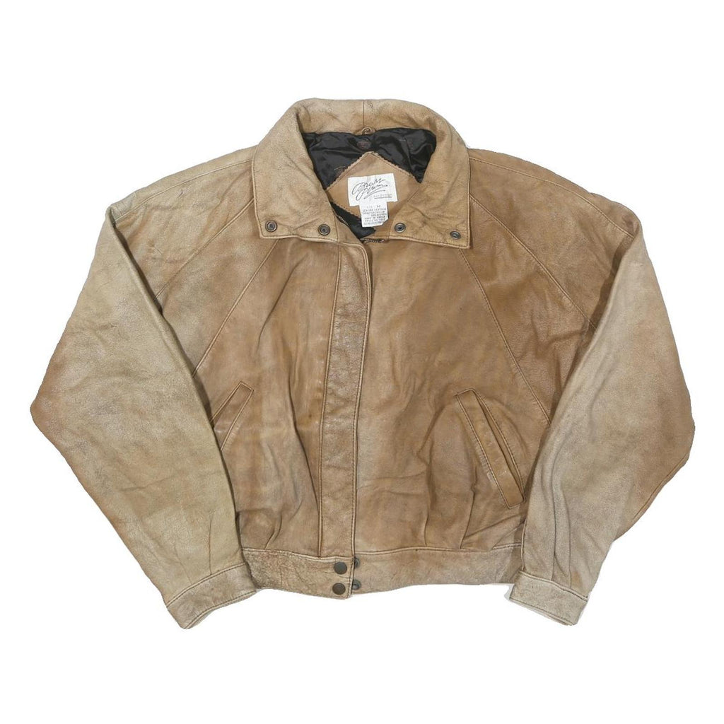 BRASS PLUM Womens Beige Leather Zip Jacket M Plain Vintage Style