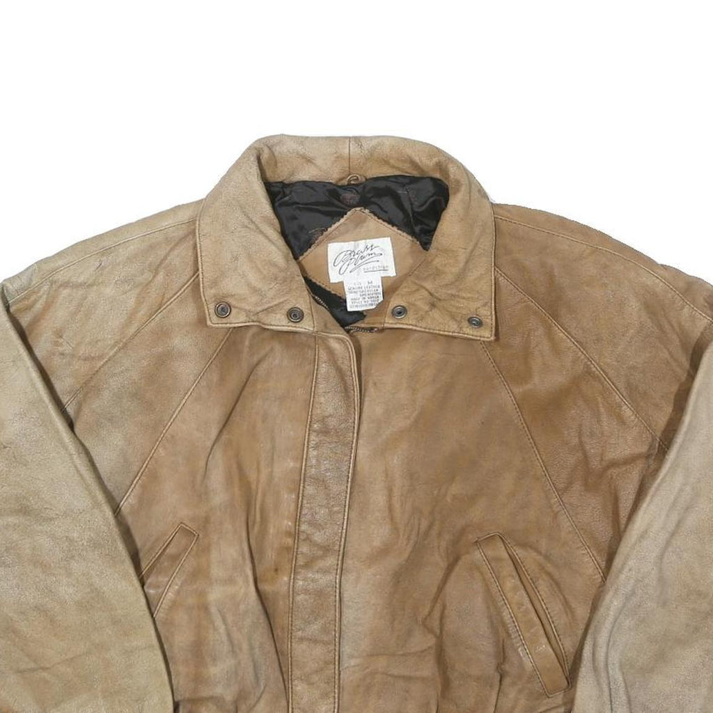 BRASS PLUM Womens Beige Leather Zip Jacket M Plain Vintage Style